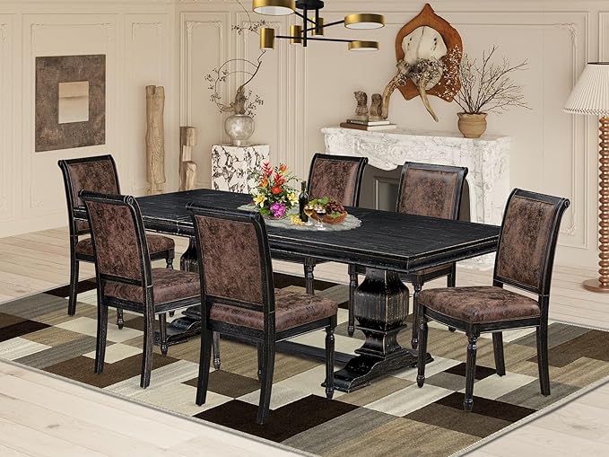 LKCY7-SBB-33 7-Piece Kitchen Table Set Consists of a Dining Table and 6 Brown Textured Polyester Fabric Dining Chairs with High Back - Sand Blasting Black Finish