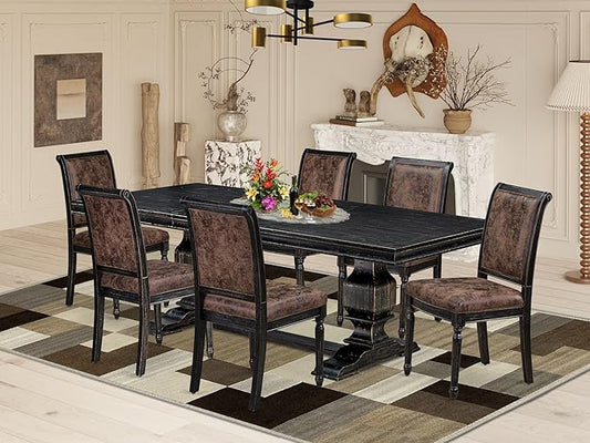 LKCY7-SBB-33 7-Piece Kitchen Table Set Consists of a Dining Table and 6 Brown Textured Polyester Fabric Dining Chairs with High Back - Sand Blasting Black Finish