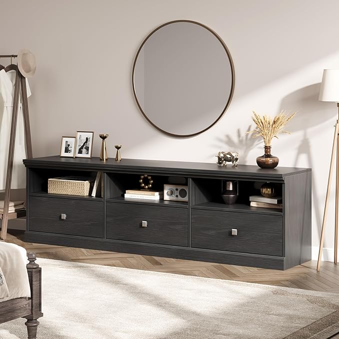 GarveeHome TV Stand for 65/70/75 Inch TV, Entertainment Center with Storage Drawer, Mid-Century Modern TV Console with Open Shelves, 70in Media TV Cabinet for Living Room, Bedroom (Black)