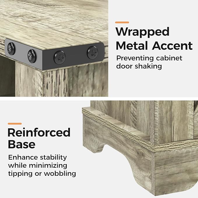RoyalCraft Nightstand Set of 2, Grey End Table with Charging Station, Tall Farmhouse Bedside Table with Large Storage and Shelf, Wooden Side Table with for Bedroom, Home Office, Light Grey