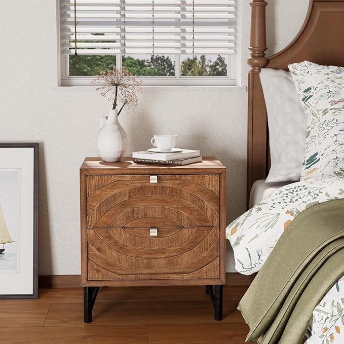COSIEST Vintage Nightstands Set of 2, Bedside Tables with 2 Storage Drawers, Rustic End Tables for Bedroom and Living Room, Easy to Assemble (Brown, Circle Pattern)