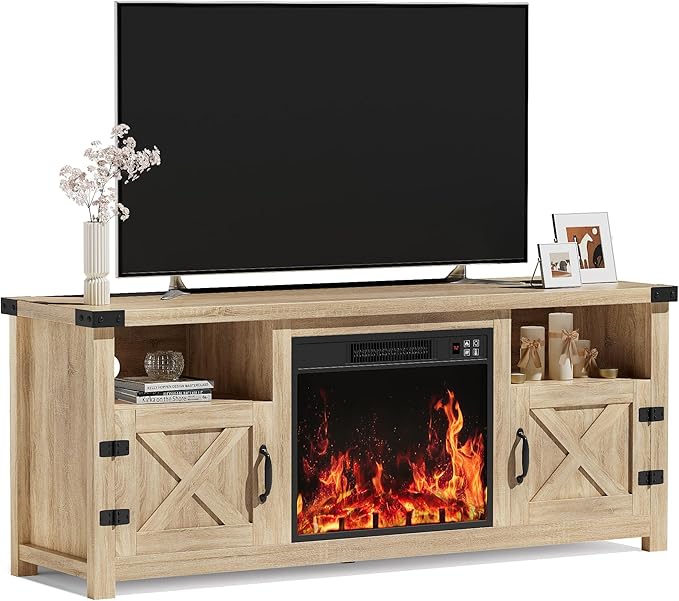 YESHOMY Fireplace TV Stand with Barn Doors and Open Display Shelf, Farmhouse Media Console with Hidden Cable Routing, Entertainment Center for Televisions up to 65+ Inch, Natural Oak