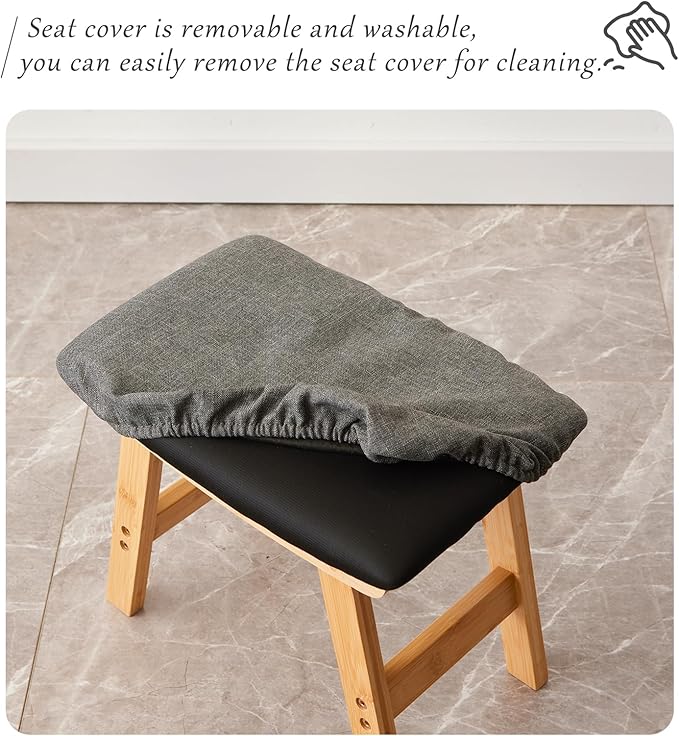 Foot Stool,Ottoman,Bamboo Small Sofa Foot Rest Under Desk,Extra Seating for Living Room, Bedroom and Kitchen (Natural Stool Legs - Gray Surface)