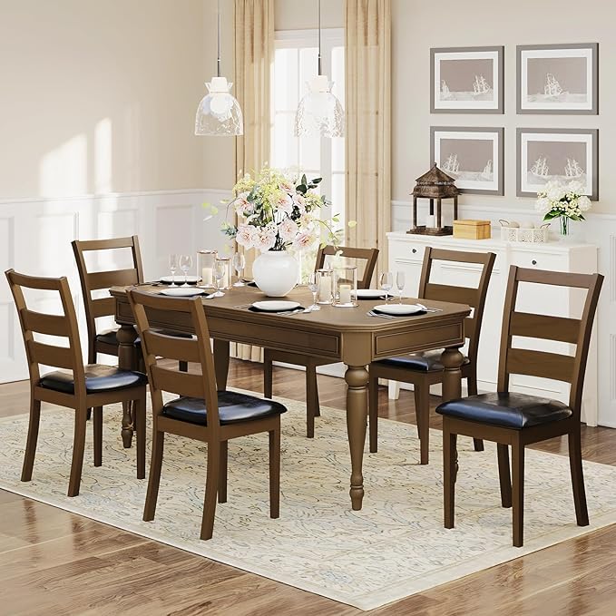 COLAMY Upholstered Dining Chairs Set of 2, PU Leather Ladder High Back Dining Room Kitchen Side Chair with Adjustable Foot Pegs, Dark Brown