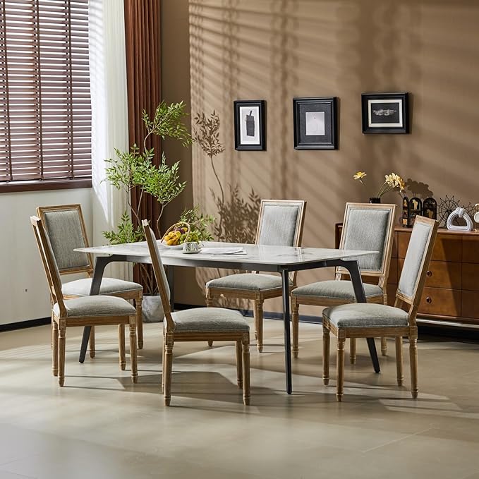 Merax Upholstered Solid Wood Dining Chairs Set of 6, French Country Style Accent Side Seating Furniture for Kitchen, Living Room, Cushioned Back, Grayish Green