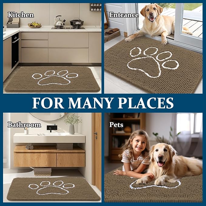OLANLY Door Mat for Muddy Dog Paws 48x30, Ultra Absorbent Chenille Mud Doormat with Paw Print Design, Non-Slip Washable Doormat for Indoor Entryway, Quick-Dry Pet Bed Mats for Dirty Dogs, Tan