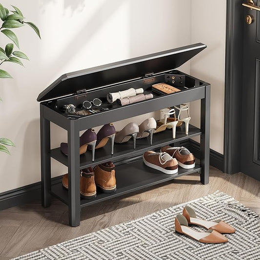 Shoe Rack Bench Seat Rubberwood 2-Tier Wooden Storage Bench 560lbs Compact Mid-Century Modern Design for Entryway, Hallway, Closet, Front Door Entrance, Foyer