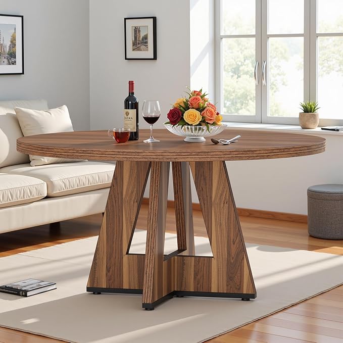 NicBex 47 Inch Round Dining Table, Wooden Dinner Table for 4, Small Farmhouse Kitchen Tables with Cross Base for Dining Room, Kitchen, Living Room, Dark Brown