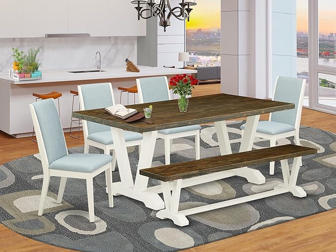 East West Furniture V077LA015-6 6 Piece Dining Table Set Contains a Rectangle Dining Room Table with V-Legs and 4 Baby Blue Linen Fabric Parson Chairs with a Bench, 40x72 Inch, Multi-Color