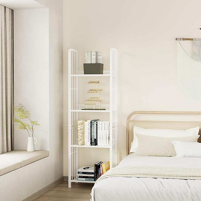 Bookshelf Storage Shelf Small Bookcase Freestanding Storage Stand for Living Room Bedroom, Kitchen, Rust Resistance, Easy Assembly Free Combination Multi-Functional Organizer (4 Tiers, White)