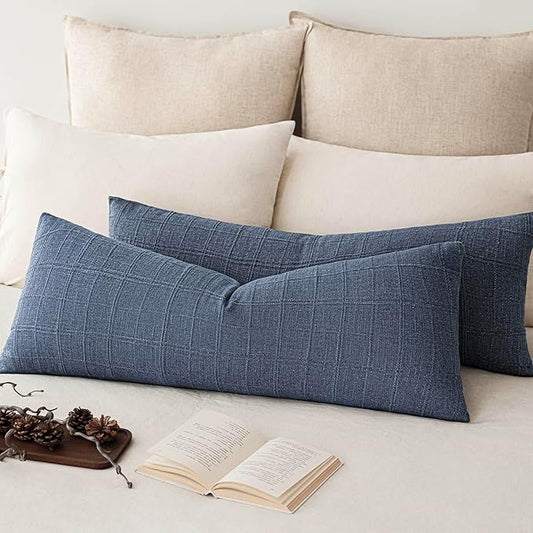 Foindtower Set of 2 Decorative Linen Check Throw Pillow Covers Neutral Long Body Lumbar Cushion Covers Farmhouse Vintage Home Decor for Sofa Chair Couch Bedroom Living Room Outdoor,14×36 Inch,Blue