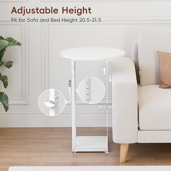 Vagusicc C Shaped End Table, Adjustable Height Small Side Table for Couch and Recliner, 32" Tall Couch Side Table Slide Under Sofa Tray Desk with Storage Bag for Living Room and Bedroom, White