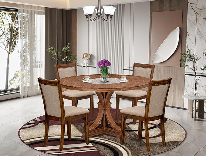 I7MZ5-50N-04 5-Pc Dining Room Set Includes a Pedestal Round Table and 4 Light Tan Polyester Fabric Padded Chairs with Padded Back - Antique Walnut Finish