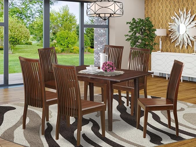East West Furniture PSIP7-MAH-W 7 Piece Kitchen Table Set Consist of a Rectangle Dining Table with Butterfly Leaf and 6 Dining Room Chairs, 32x60 Inch, Mahogany