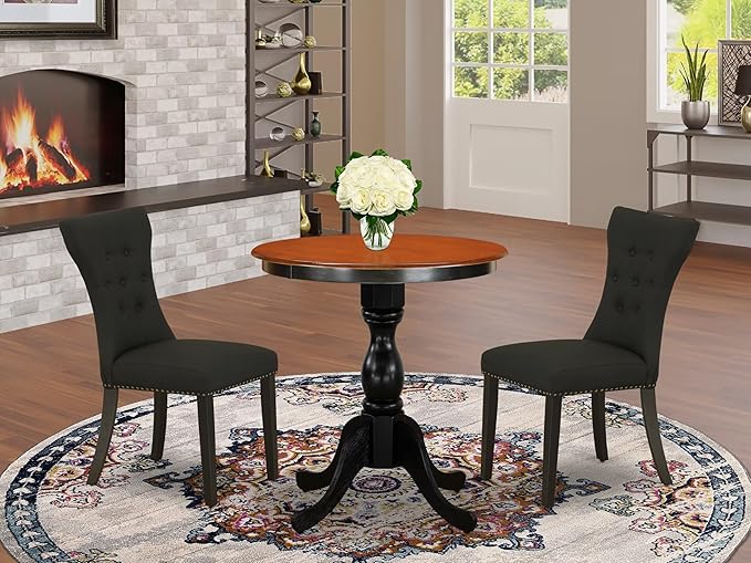 East West Furniture ESGA3-BCH-24 3 Piece Kitchen Table Set for Small Spaces Contains a Round Dining Room Table with Pedestal and 2 Black Linen Fabric Padded Chairs, 30x30 Inch, Black & Cherry