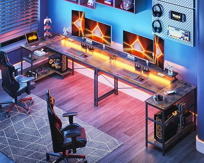 ODK 66 Inch Gaming Desk with USB Charging Ports and LED Lights, Reversible L Shaped Computer Desk with Storage Shelves & Monitor Stand, Home Office Desk Table with Power Outlets, Vintage