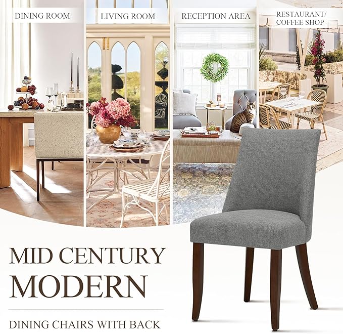 COLAMY Upholstered Dining Chairs Set of 2, Mid Century Modern Kitchen Chairs with Back, Farmhouse Fabric Side Dining Room Chairs with Wood Legs for Dining Room Restaurant, Light Grey