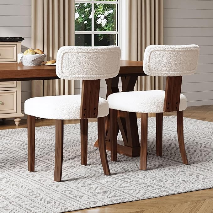 Mid-Century Dining Chair Set of 4, Upholstered Sherpa Seats with Ergonomic Curved Back and Adjustable Legs for Dining Room, Bedroom, Kitchen, White Sherpa