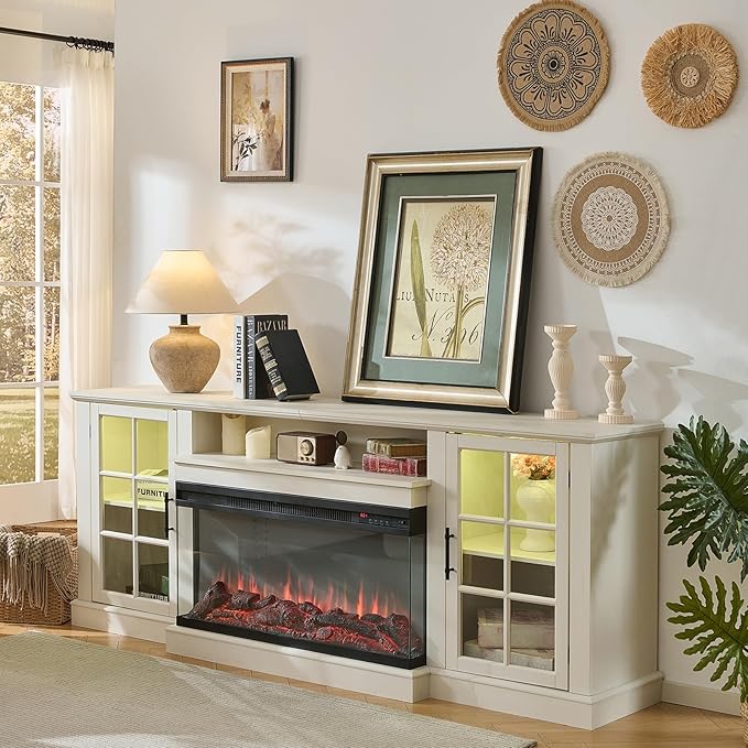ROCKPOINT 3 Sided Glass 80" Fireplace TV Stand for TVs up to 90", Media Entertainment Center with Glass Door Storage Cabinet for Living Room,36" Electric Fireplace & Adjustable LED Light,White