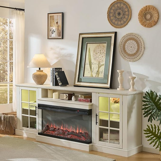 ROCKPOINT 3 Sided Glass 80" Fireplace TV Stand for TVs up to 90", Media Entertainment Center with Glass Door Storage Cabinet for Living Room,36" Electric Fireplace & Adjustable LED Light,White