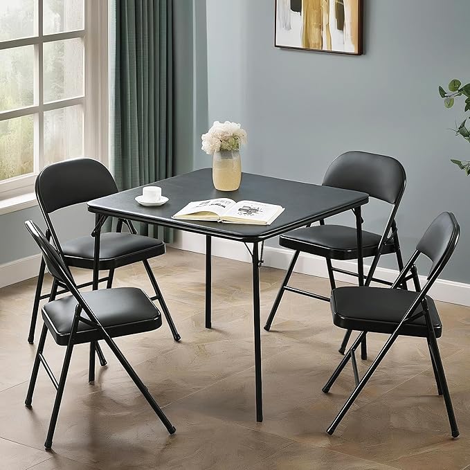 VECELO Folding Card Table and Chair Set of 5 Portable with Padded Tabletop, No Assembly Required, Black