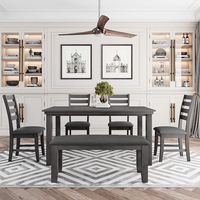SogesPower 6-Piece Rustic Dining Table Set for 4-6,Rectangular Farmhouse Kitchen Table Set with 4 Chairs & 1 Bench for Dining Room Living Room,Gray