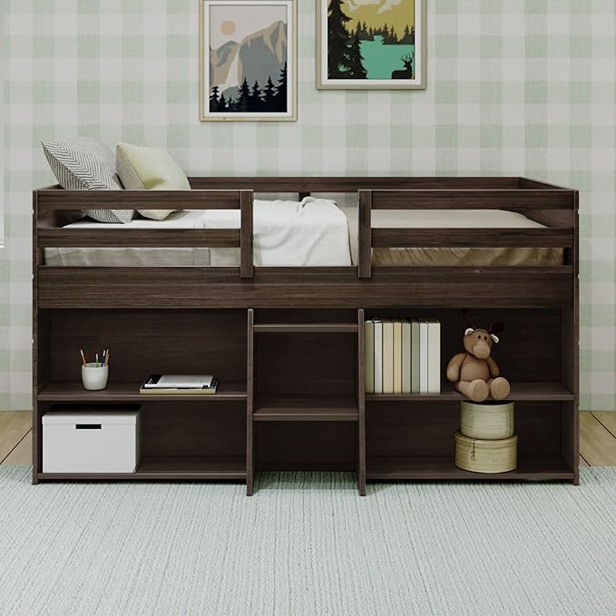 Max & Lily Modern Farmhouse Low Loft Bed, Twin Bed Frame for Kids with 2 Bookcases, Barnwood Brown