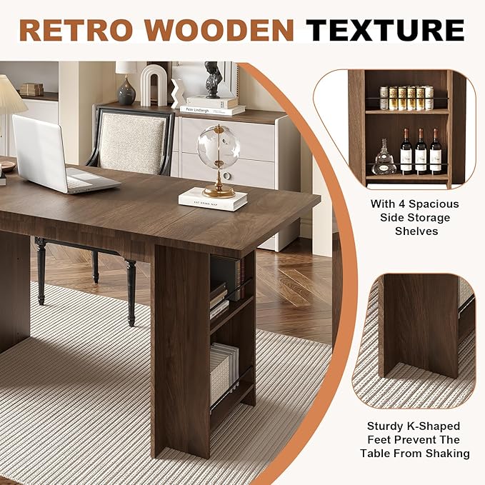 Garvee 63 Inch Dining Table for 2-4, Farmhouse Rectangular Kitchen Table with Waterproof Wood Tabletop, Heavy Duty Legs & 2-Tier Storage Shelves for Kitchen, Dining Room, Walnut