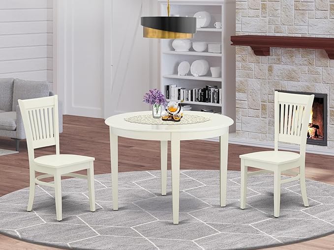 East West Furniture BOVA3-LWH-W 3 Piece Modern Dining Table Set Contains a Round Kitchen Table and 2 Kitchen Dining Chairs, 42x42 Inch, Linen White