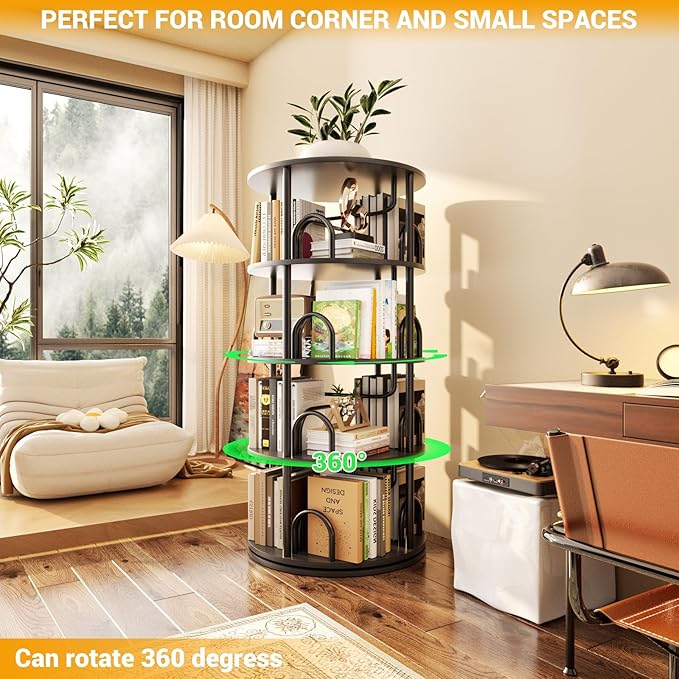 Aheaplus 4 Tier Rotating Bookshelf Tower, 360 Display Spinning Bookcase, Revolving Round Book Shelf Narrow Swivel Bookshelf, Vertical Turning Spiral Corner Book Organizer for Small Space, Black