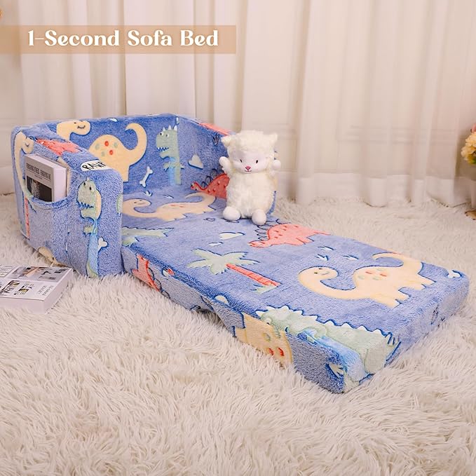 Kids Chairs for Toddler, 2 - in - 1 Toddler Soft Teddy Fleece Couch Featuring Glow - in - The - Dark Elements, Fold Out, Convertible Sofa to Lounger for Girls and Boys - Colorful Dinosaur