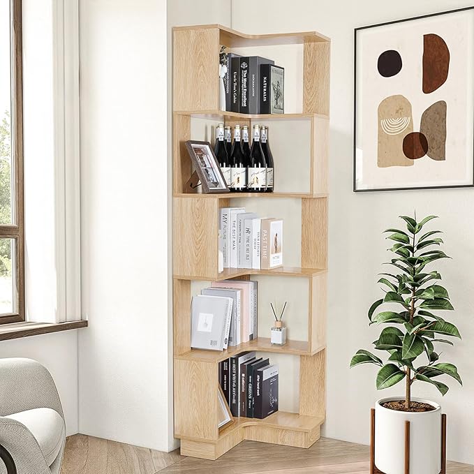 Wooden Corner Bookcase, 5 Tiers Corner Bookshelf 68.9" L-Shaped Storage Display Rack Tall Large Open Bookshelf with Fixture for Living Room Bedroom Study Office