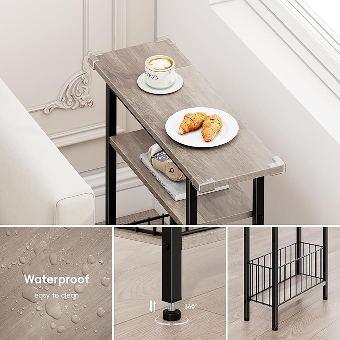 Vagusicc Narrow Side Table, Skinny Side Table for Couch, 3-Tier Small End Table for Small Spaces, Bed Side Tables with Storage, 25.2" Tall Slim Nightstand Bedside table for Living Room Bedroom, Greige