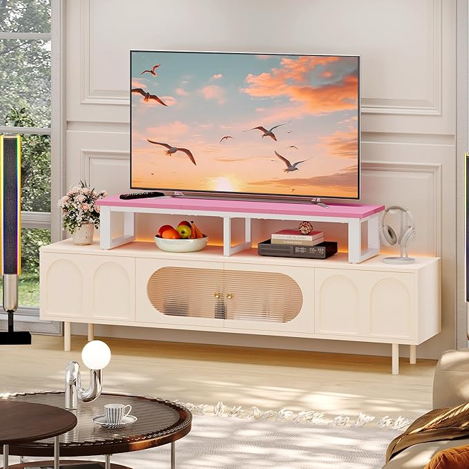 Clikuutory 45" Large TV Riser for 32-60 inch TVs, Tabletop Stand with Steel Legs, Storage & Dual - Screen Office Desk Function, Ideal for Home Office, Bedroom, Living Room, Pink