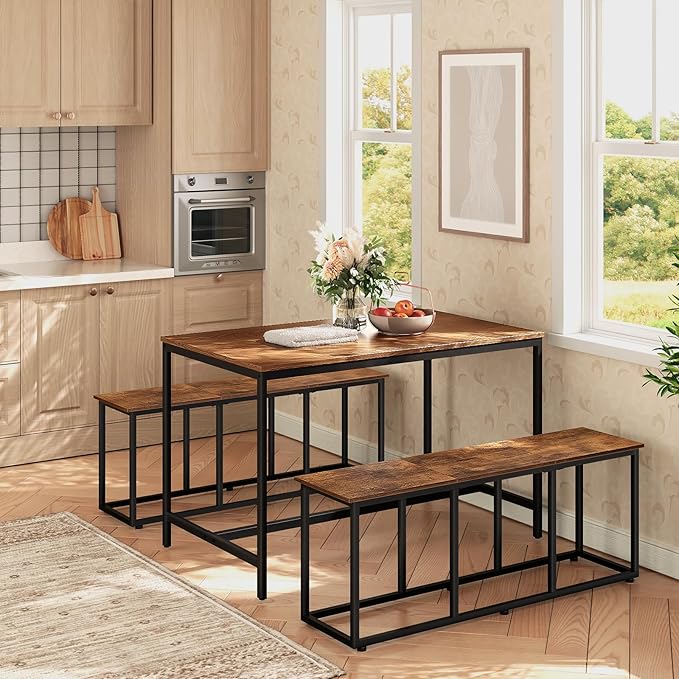 HOOBRO Dining Bench, 47.2 Inch Dining Table Bench, Industrial Style Kitchen Bench, Steel Frame, Easy to Assemble, for Kitchen, Dining Room, Rustic Brown and Black BF45CD01