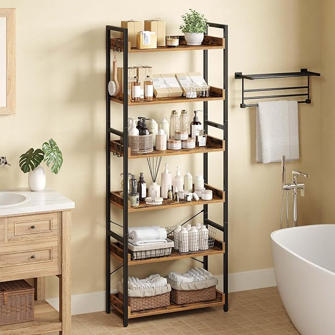 Rolanstar Bookshelf 6 Tier with 4 Hooks, Industrial Bookcase, Vintage Storage Rack with Open Shelves, Rustic Standing Bookshelves Metal Frame Display Rack for Living Room, Bedroom, Rustic Brown