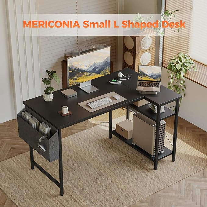 Small L Shaped Computer Desk with Power Outlets, Gaming Desk for Small Spaces, Corner Desk with Reversible Storage Shelves, Study Writing Table for Home Office (Socket, Black, 48 inch)