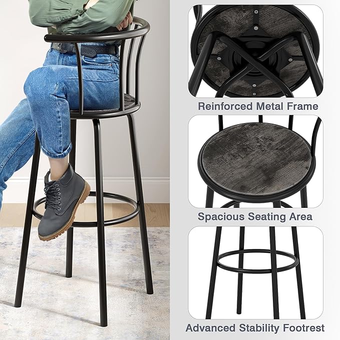 VECELO Bar Stools Set of 2, Swivel Counter Stools with Backrest, Bar Height Stools for Dining Room, Kitchen Island, Pub, Easy Assembly, Dark Grey