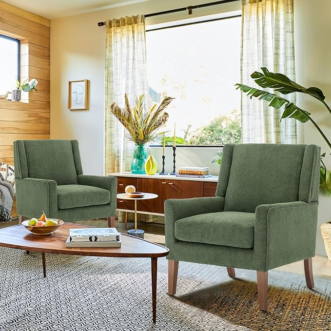COLAMY Modern Wingback Living Room Chair, Upholstered Fabric Accent Armchair, Single Sofa Chair with Lounge Seat and Wood Legs for Bedroom/Office/Reading Spaces, Green