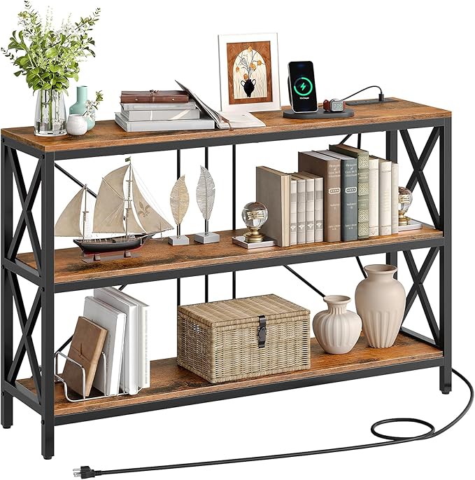 47.2" Console Table with Charging Station, 3-Tier Entryway Table, Industrial Sofa Desk, Hallway Desk with 2 AC Outlets and 2 USB Ports Metal Frame, Rustic Brown and Black TXG01UBF