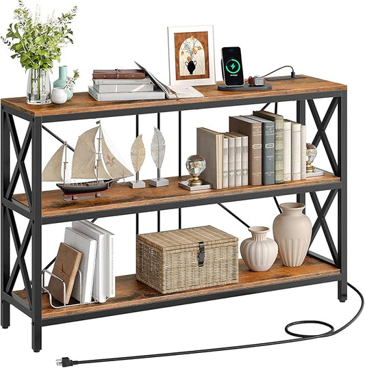 47.2" Console Table with Charging Station, 3-Tier Entryway Table, Industrial Sofa Desk, Hallway Desk with 2 AC Outlets and 2 USB Ports Metal Frame, Rustic Brown and Black TXG01UBF