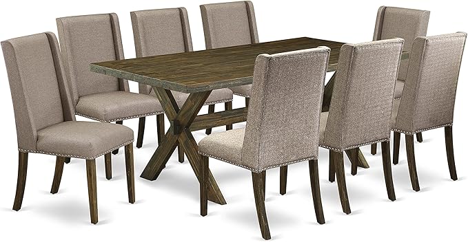 East West Furniture X777FL716-9 9 Piece Dining Table Set Includes a Rectangle Dining Room Table with X-Legs and 8 Dark Khaki Linen Fabric Parsons Chairs, 40x72 Inch, Multi-Color