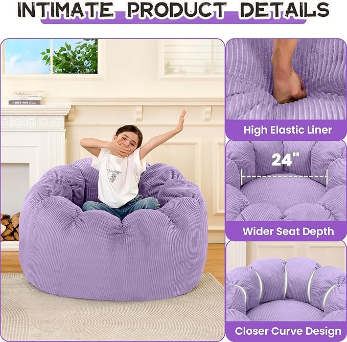 HABUTWAY Giant Bean Bag Chair for Adults/Kids/Teens, Pumpkin Bean Bag Couch Comfy Reading Chair for Bedroom, Corduroy Lazy Sofa Loughe Chair with Wider Seat Depth & Non-Slip Bottom(Purple)