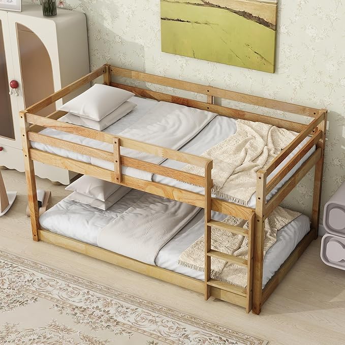 Ball & Cast Bunk Bed Twin Over Twin,Floor Bunk Bed with Ladder,Solid Rubber Wooden Bed Frame w/Full Length Guardrail,for Dormitory, No Box Spring Needed,for Kids Teens,Natural