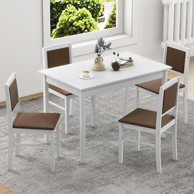 Giantex 5-Piece Dining Table Set for 4 - Breakfast Nook Table Set with Kitchen Table, 4 Upholstered Chairs, Wood Legs, Space-Saving Dinette Set, Kitchen Table Chairs Set of 4 (White+Brown)