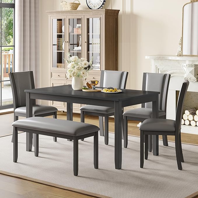 soges 6-Piece Large Dining Table Set with Leather Bench and Chairs, Wooden Dining Table Chairs Set for 6, Modern 6 Person Dining Room Set, Grey