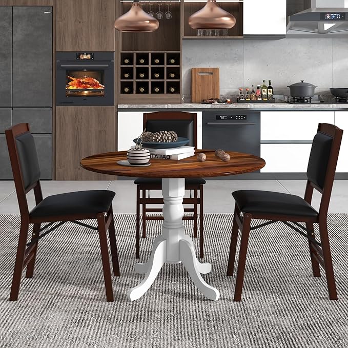 COSTWAY Round Dining Table for 4, 39 inch Kitchen Table with Solid Rubber Wood Frame, Adjustable Foot Pads, Curved Trestle Legs, Mid Century Rustic Dinning Table for Living Room (Walnut+White)