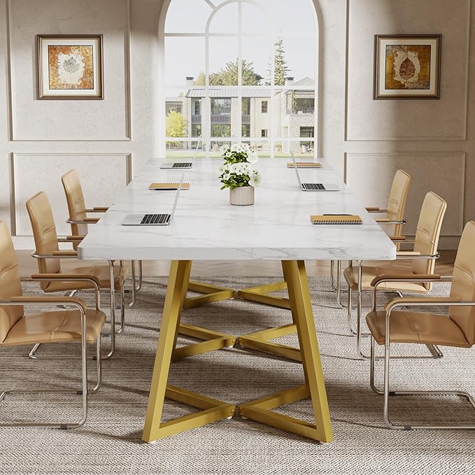 Tribesigns Square Dining Table for 10, 31.5" Modern White Dinner Table with Metal Base, Kitchen Table for Dining Room, Small Space, Apartment, White & Gold