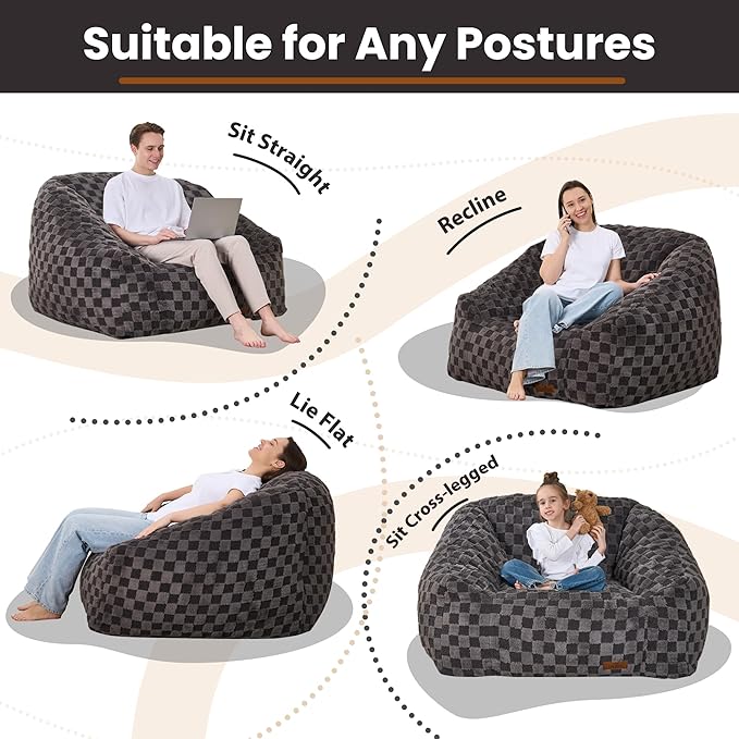 Bean Bag Chairs for Adults, Giant Beanbag Sofa Comfy Reading Chair, Oversized Bean Bag Chairs for Living Room Bedroom, Soft Faux Fur Fabric, 3.2FT, Dark Grey, Checkered