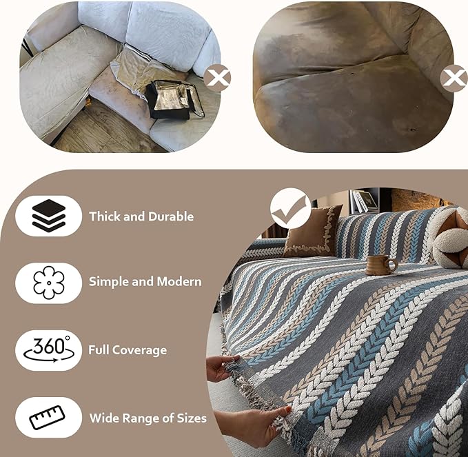 STACYPIK Modern Jacquard Sofa Cover for Pets, Washable Boho Couch Cover for 2 Cushion Couch, Non Slip Chenille Couch Slipcover for Living Room, Furniture Protector Tassels Loveseat Cover-71X118IN